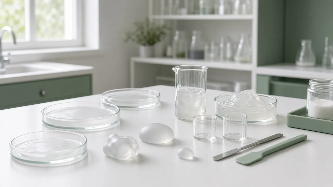 Silicone samples and glassware on a materials laboratory bench.