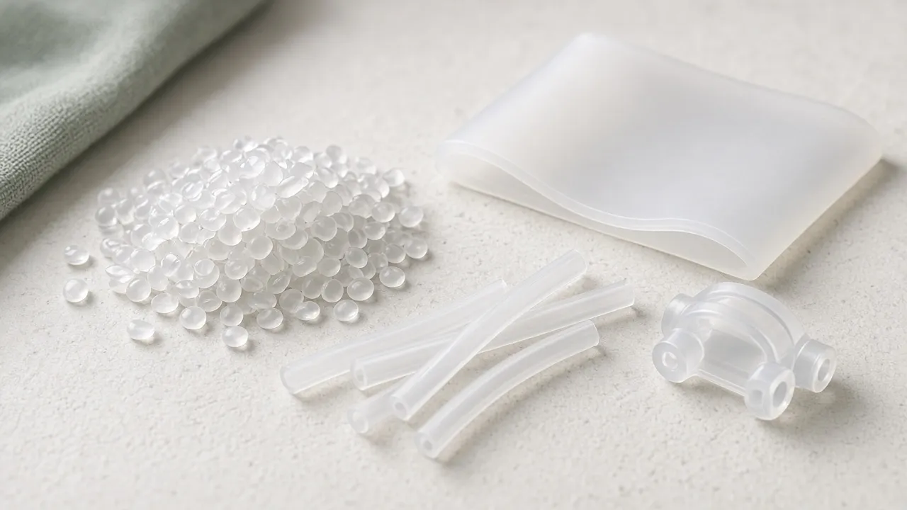Silicone pellets, a translucent sheet, tubing, and a molded component.