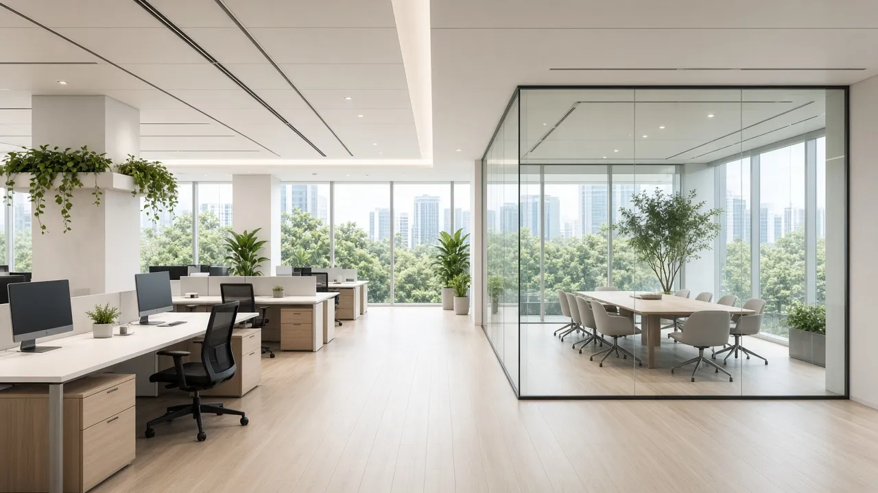 A bright office with a glass meeting room and an open workspace.