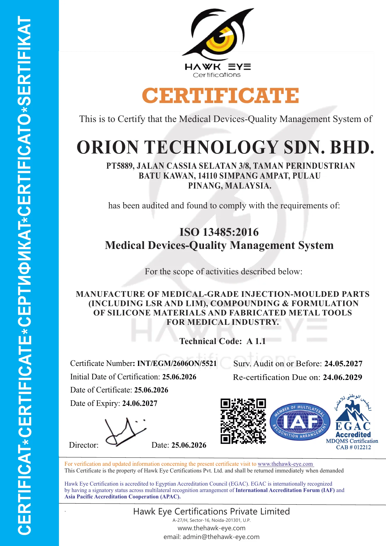 ISO 13485 certificate for medical-device quality management at the Batu Kawan site.
