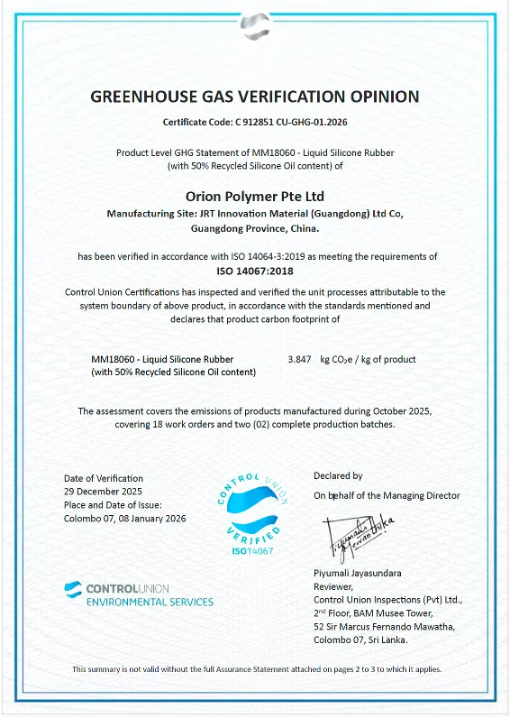 Greenhouse gas verification opinion for a product carbon footprint, in accordance with ISO 14067.