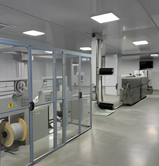 A production room with glass partitions and covered equipment.