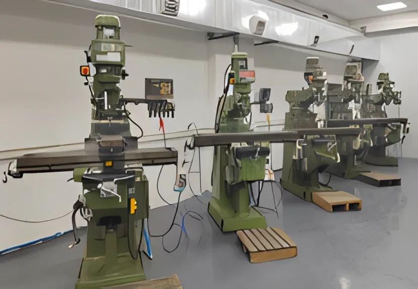 A row of green milling machines along a factory wall.