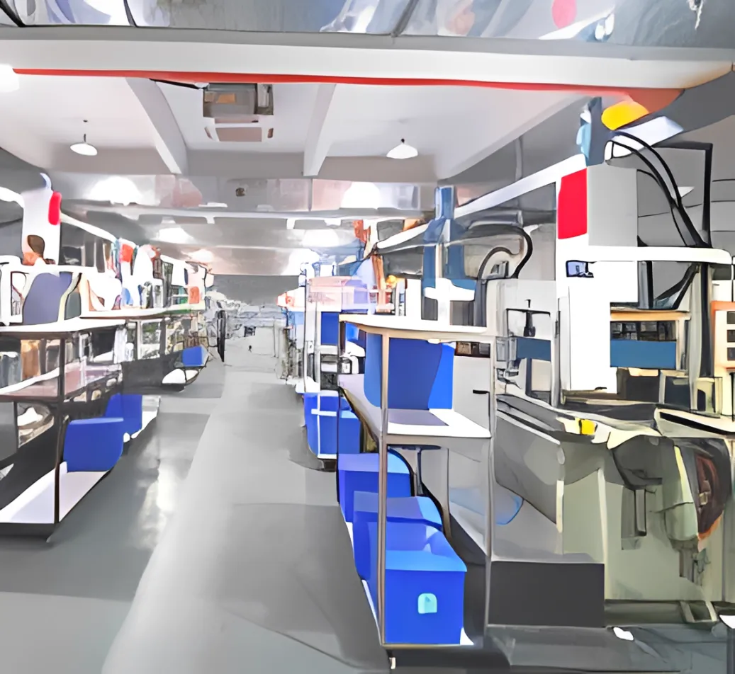 A production aisle with assembly stations and blue bins.