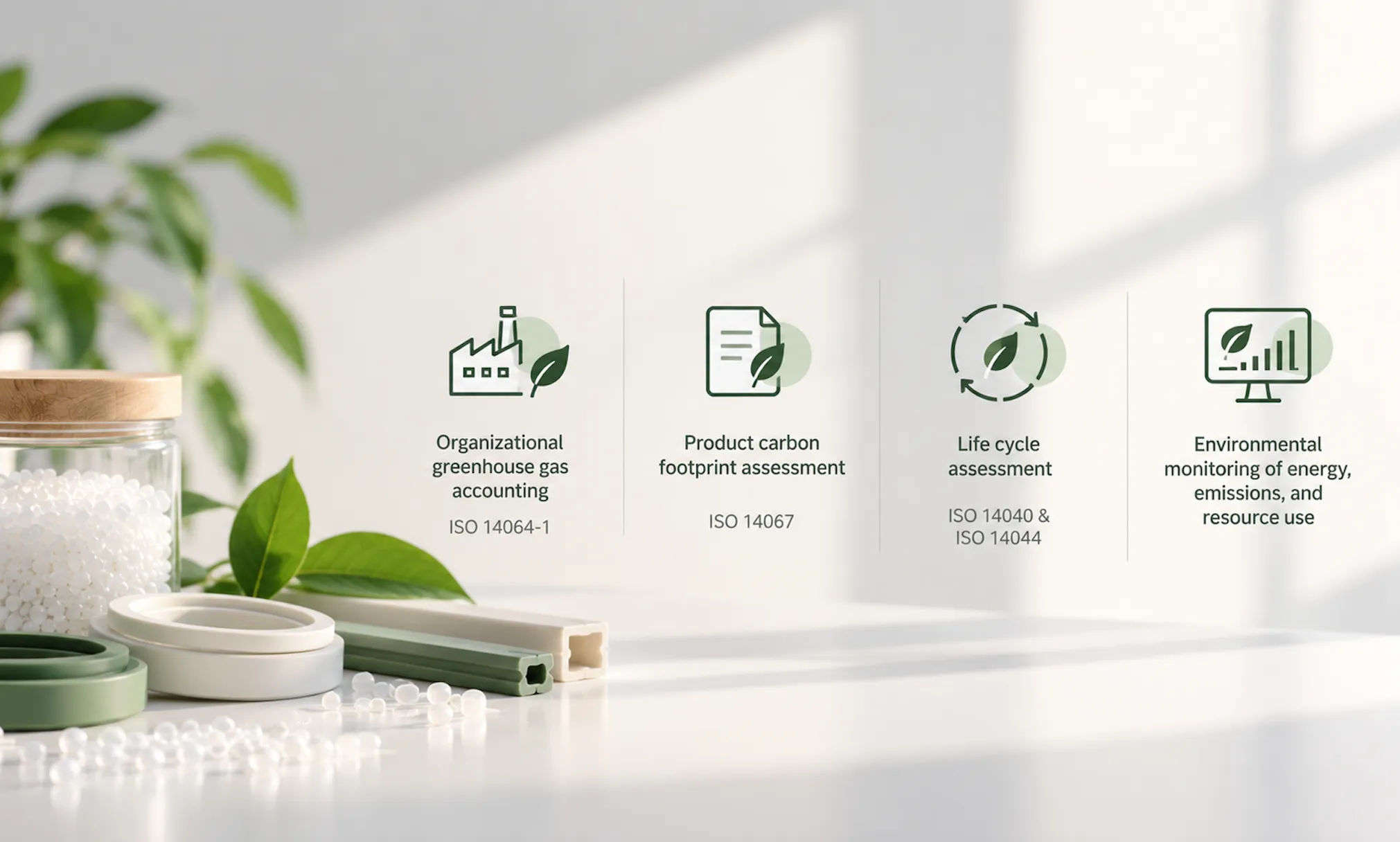 A desk with silicone pellets, a glass globe, a laptop carbon dashboard, and a life cycle assessment document. Labels name organizational greenhouse gas accounting, a product carbon footprint, life cycle assessment, and environmental monitoring.